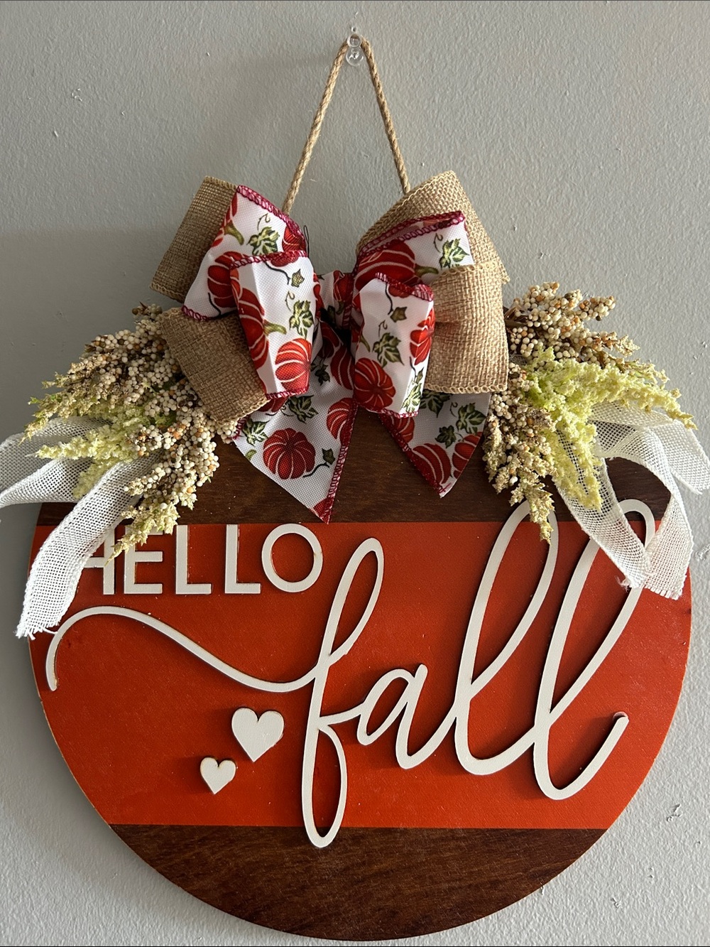 “Hello Fall”Round Wooden Sign with White Script and Bow - Picture 12 of 12